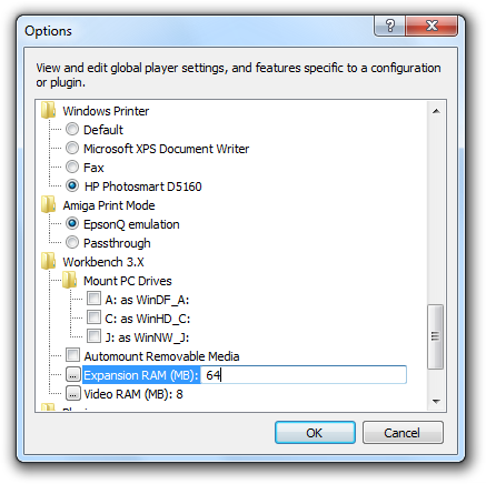 Amiga Forever player - Options dialog