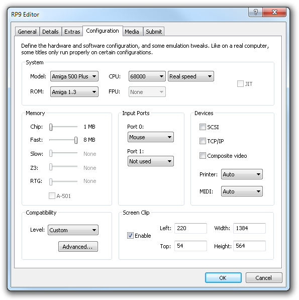 Amiga Forever player - RP9 Editor dialog
