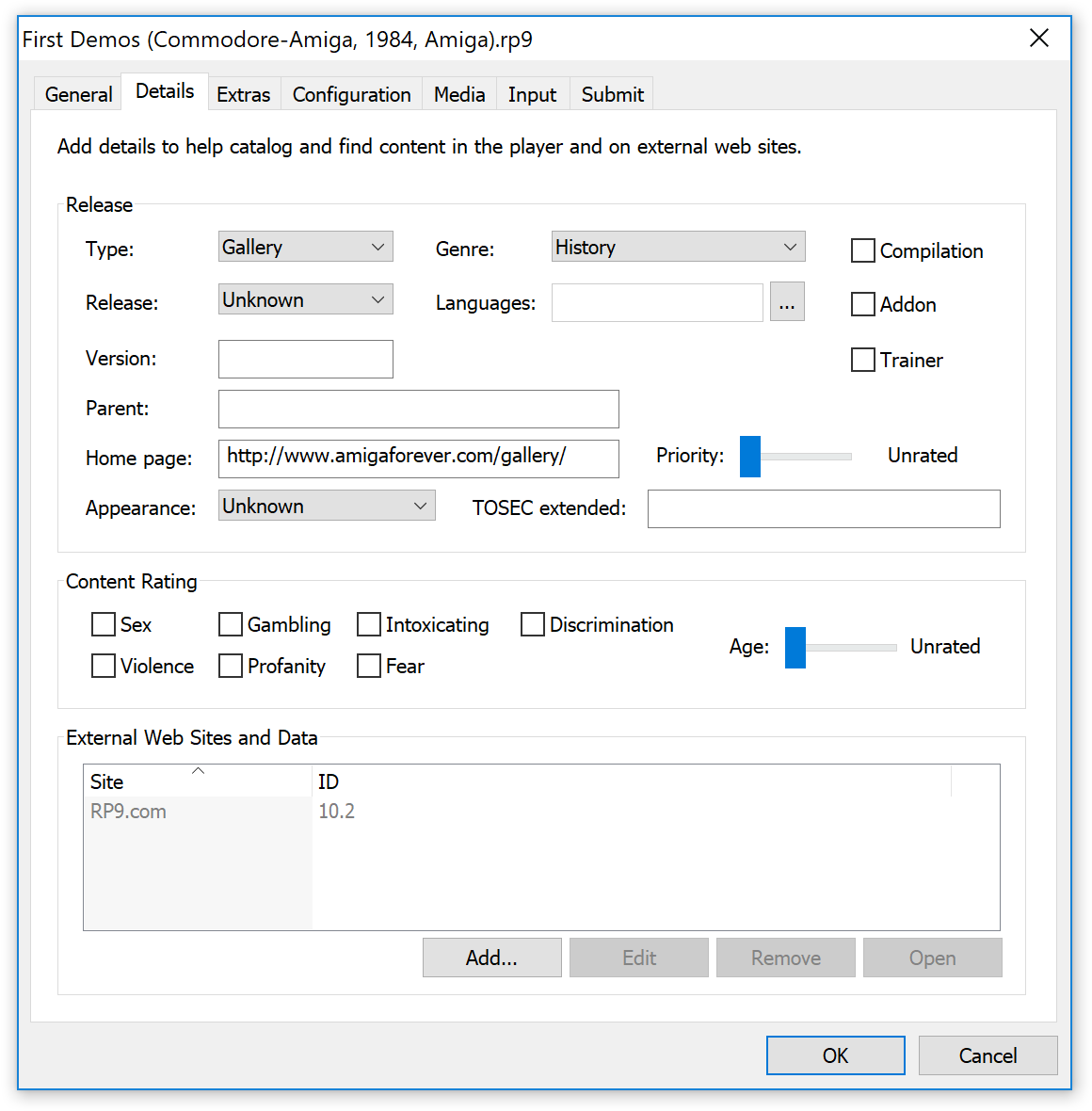 Amiga Forever player - RP9 Title Editor dialog