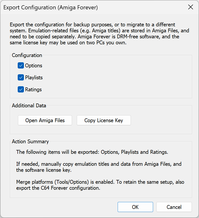 Amiga Forever player - Export Configuration dialog